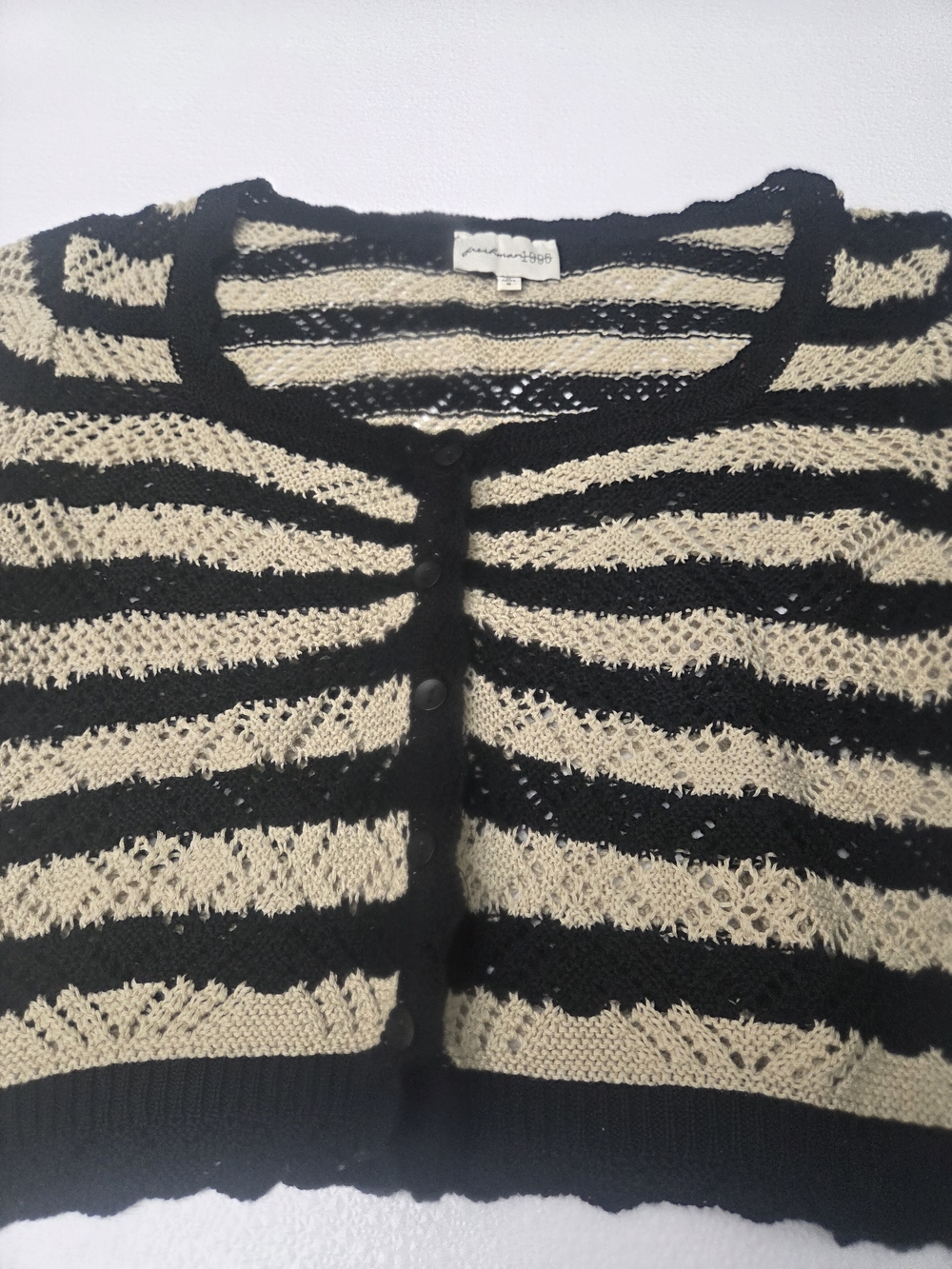Women’s Striped Open-Knit Button Cardigan - Black & Cream Skirt & Top Set